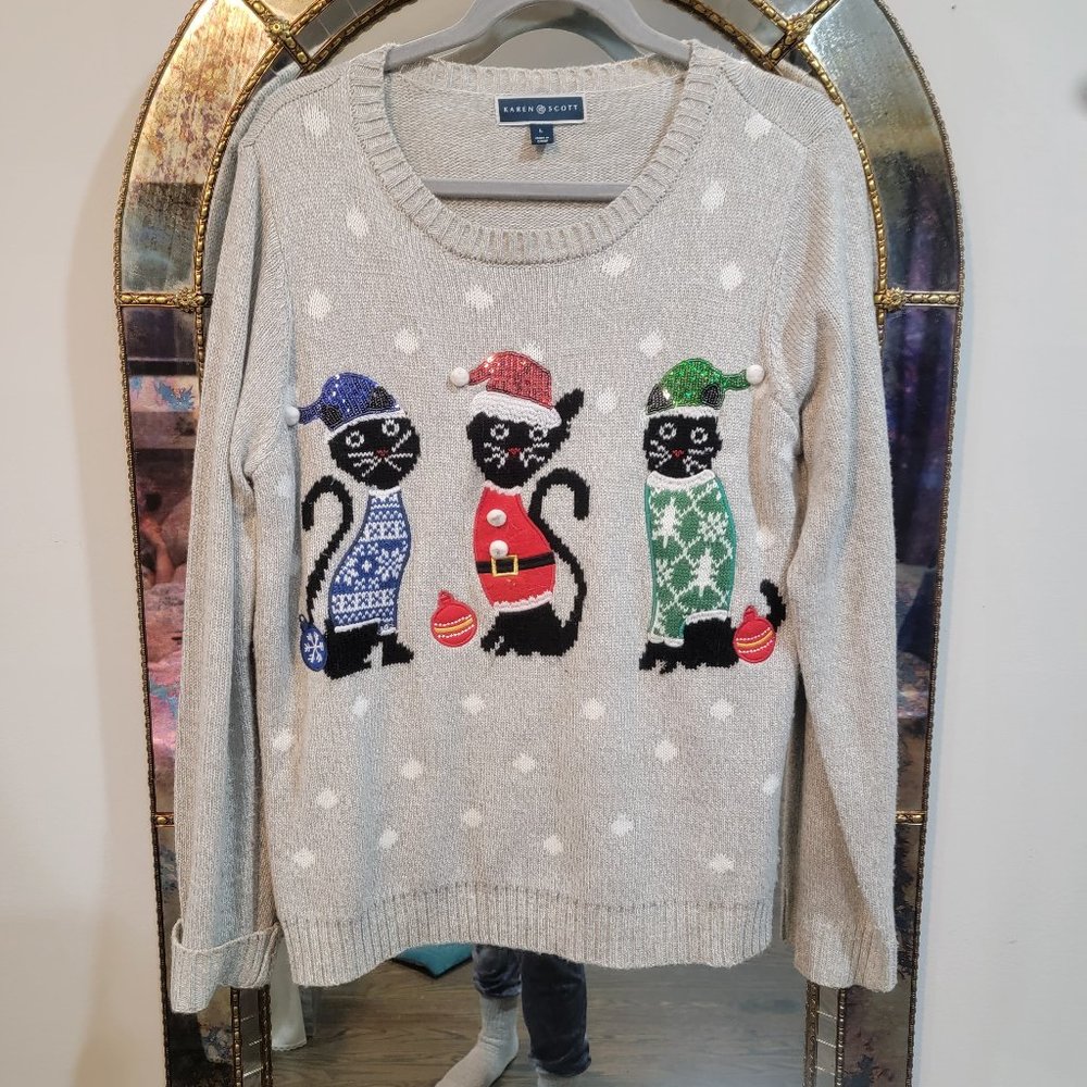Karen Scott Kitty Cats Christmas Sweater Gray Sequin
